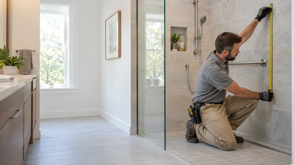Bathroom remodeling professional measuring a shower