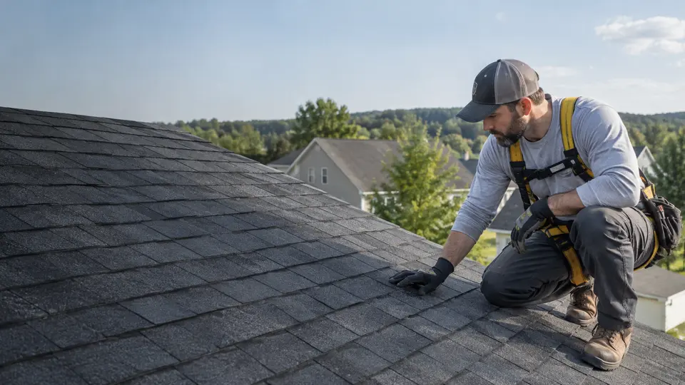 Roofing professional inspecting a home
